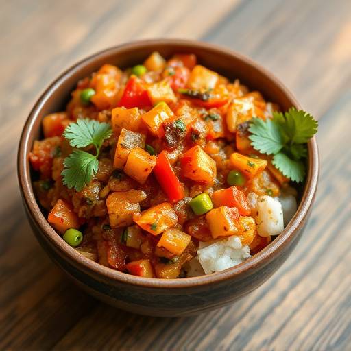 A bowl of homemade Chakalaka, a spicy South African vegetable relish.