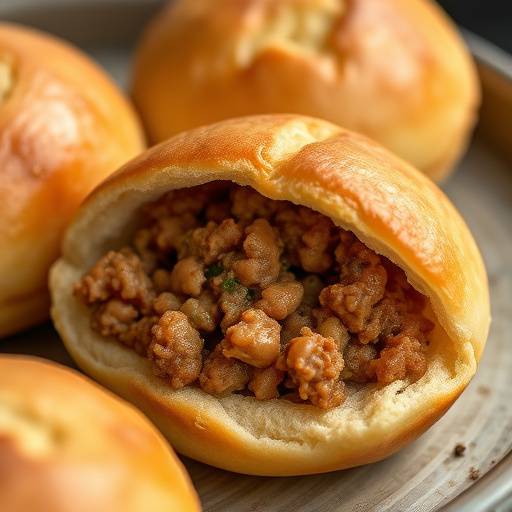 A close-up shot of a plate featuring vetkoek filled with savory mince, showcasing the golden-brown exterior of the vetkoek