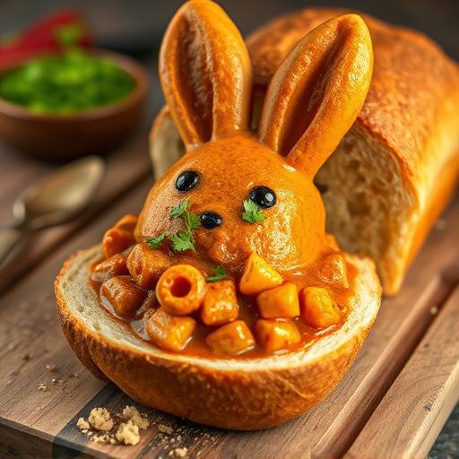 A delicious Bunny Chow, a hollowed-out loaf of bread filled with curry