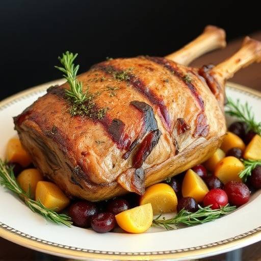 A golden-brown roasted leg of lamb, beautifully presented on a platter with rosemary sprigs.