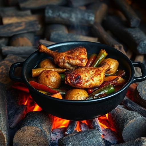 A hearty Potjiekos simmering over an open fire, with vegetables and meat visible.