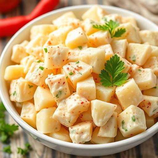 A large bowl of creamy, homemade potato salad garnished with paprika and parsley.