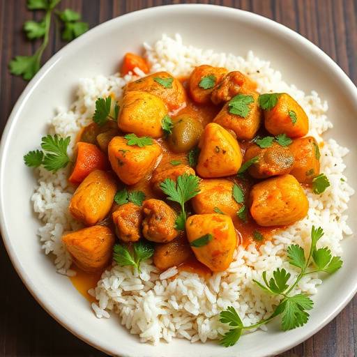 A vibrant Chicken and Vegetable Curry served with rice, garnished with fresh coriander.