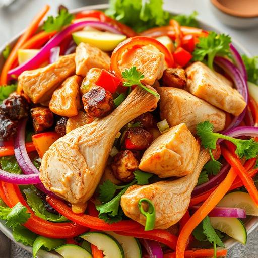 A vibrant image of Chicken Biltong Salad, showcasing colorful vegetables and tender chicken pieces