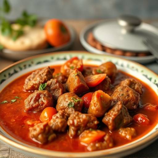 A vibrant image of Tomato Bredie in a pot, a rich and flavorful stew of mutton and tomatoes