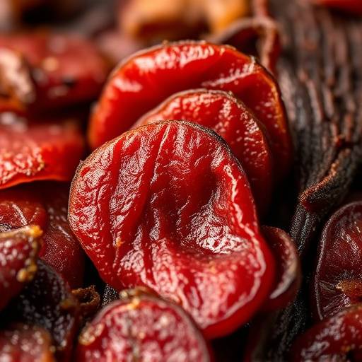 Close-up of sliced Biltong, a dried and cured meat snack.
