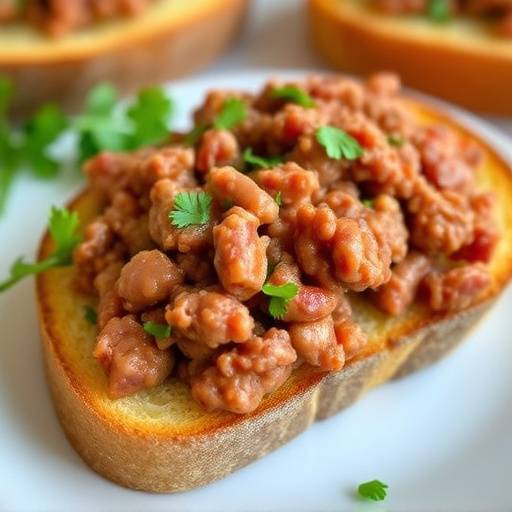 Close-up photo of savory mince on toast, a simple and satisfying meal, topped with a sprinkle of parsley