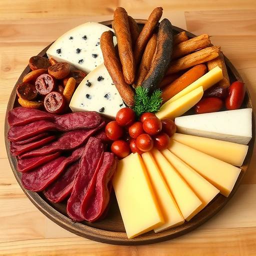 Image displaying a variety of South African cheeses and cold cuts on a platter, alongside biltong and droewors