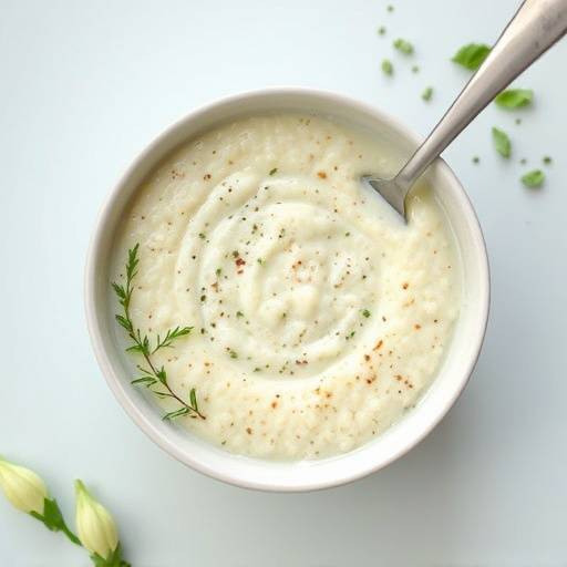 Image showing a bowl of creamy maize porridge, or mealie pap, garnished with fresh herbs