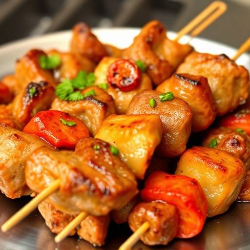 Image showing a warm plate of sosaties, marinated meat skewers, a South African delicacy