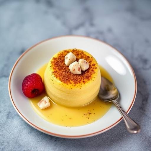 Malva pudding served with custard, displayed on a plate with a spoon.