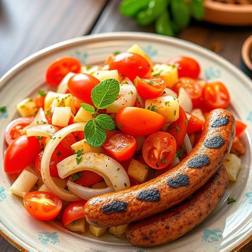 Photo of a vibrant and colorful tomato and onion salad, or sheba, alongside a plate of grilled boerewors